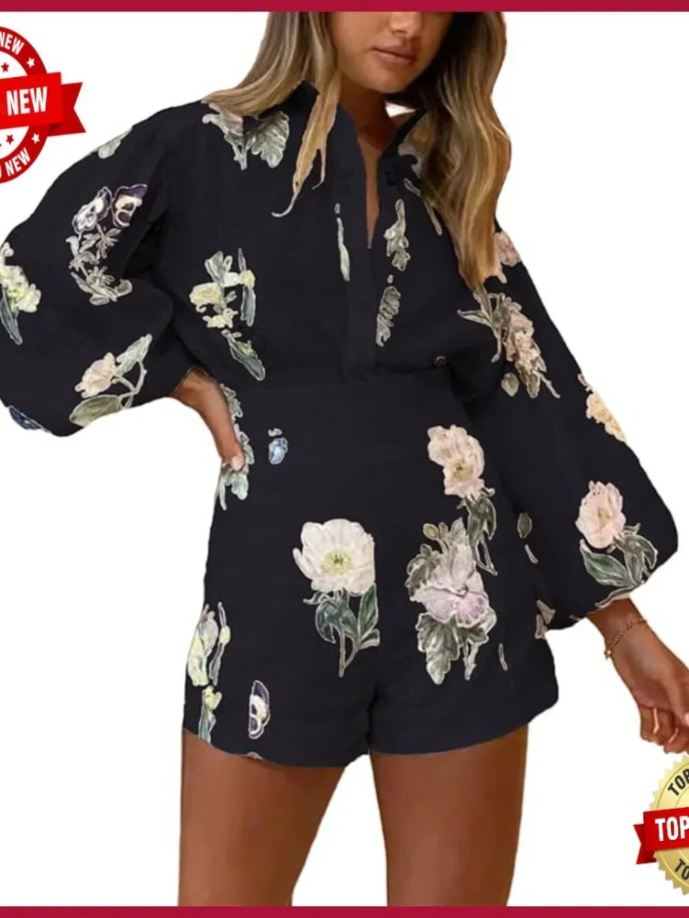 Floral Print Long Sleeve Button Down Shirt and High Waisted Shorts Lounge Set
